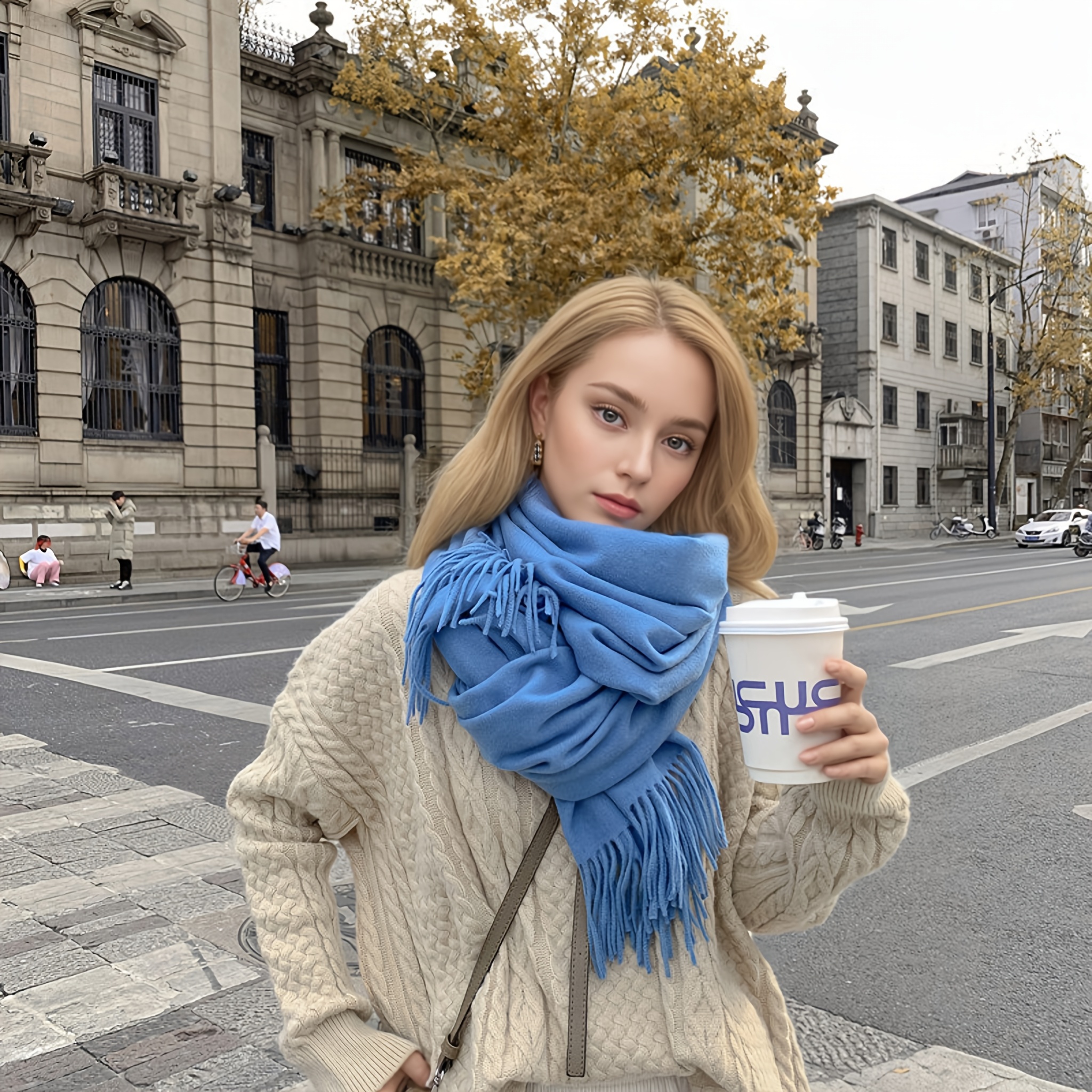 1pc Women'S Cashmere Shawl Scarf - Soft Blue Luxurious Winter Wrap, Thick Warm Coat Neck Scarf