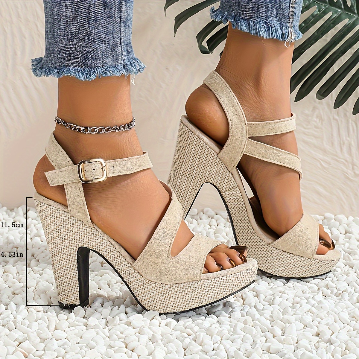 

Women's Solid Color Elegant Sandals, Ankle Buckle Strap Platform Soft Sole Chunky Heels, Summer Walking Daily Footwear