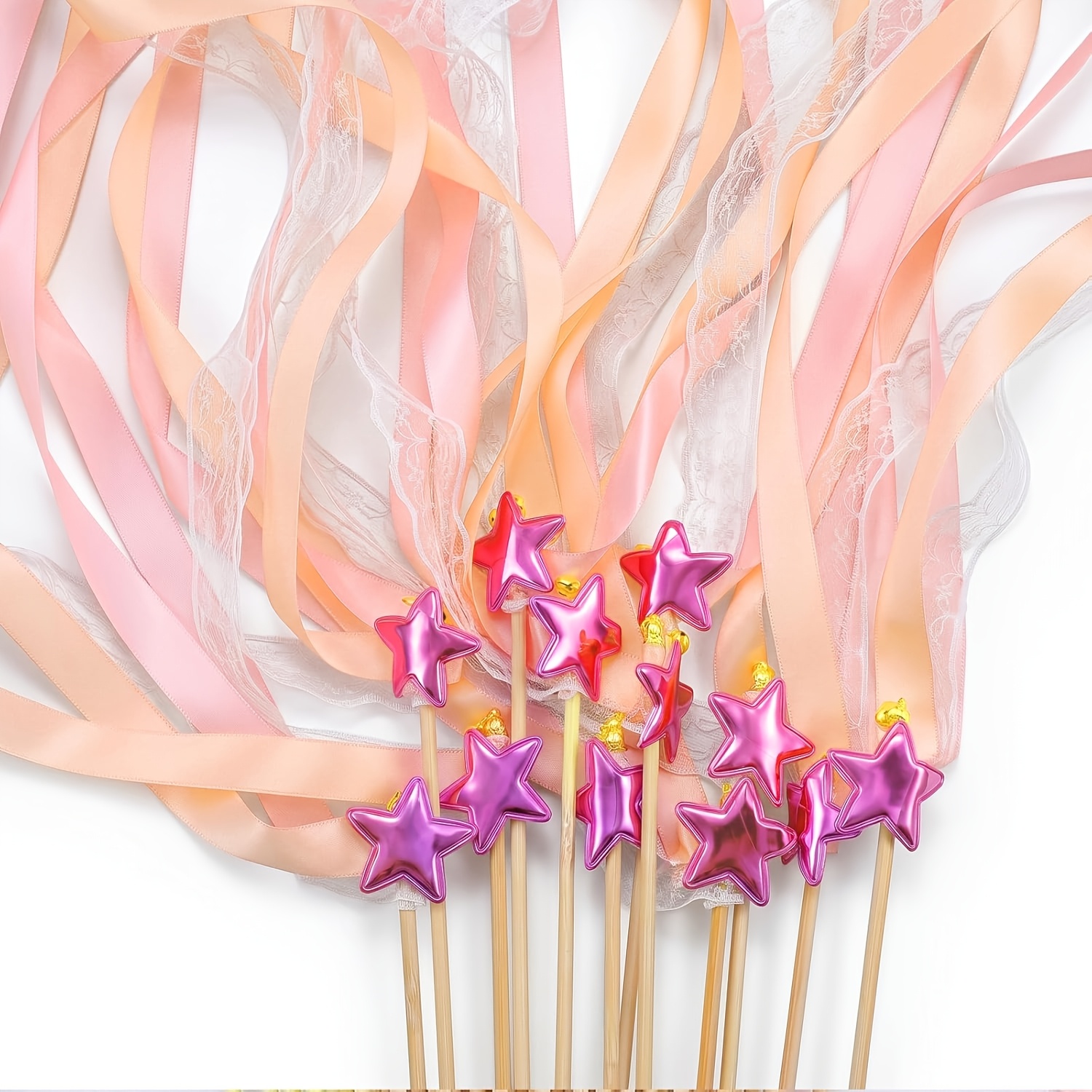 TEMU 12-pack Satin Ribbon Lace Fairy Wands With Bells And Star-shaped Tassels - Flowing For Weddings, Birthday Parties, Magical Dance Performances,