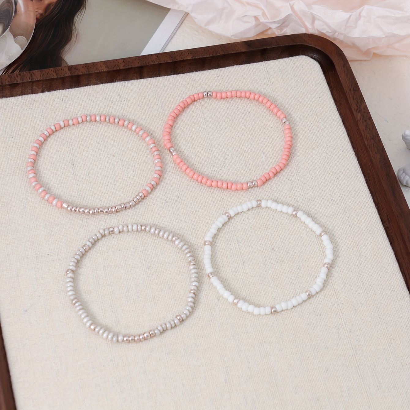 Image of 4pcs Bohemian Multicolor Handmade Bead Mixed Multi-piece Stackable Bracelet Set, Suitable For Women' Wear Casual Vacation Jewelry Hand Additions