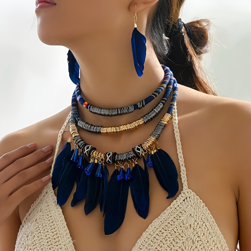 

Bohemian Style Handmade Fashion Jewelry Set For Women, Ethnic Feather Tassel Crystal Mixed Statement Necklace And Earrings Set, Random Pattern Rope, Exaggerated Accessories