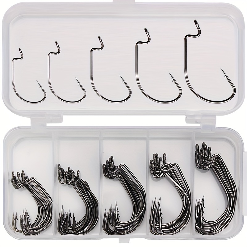 

50-pack Premium Stainless Steel Crank Hooks Set - Offset Fishing Hooks With Ringed Eye And Sharp Barbs For Saltwater, High Carbon Steel Barbed Hooks With Box For Anglers