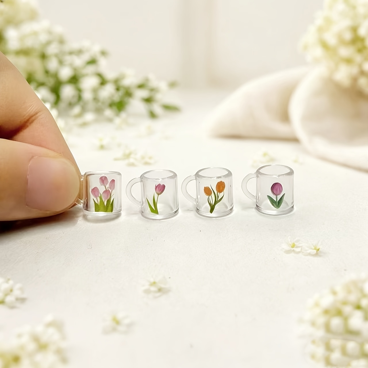 4pcs Miniature Tulip Cups - Floral Dollhouse Ornaments, Suitable For Desktop Display, Dollhouse Decor, Photography Props