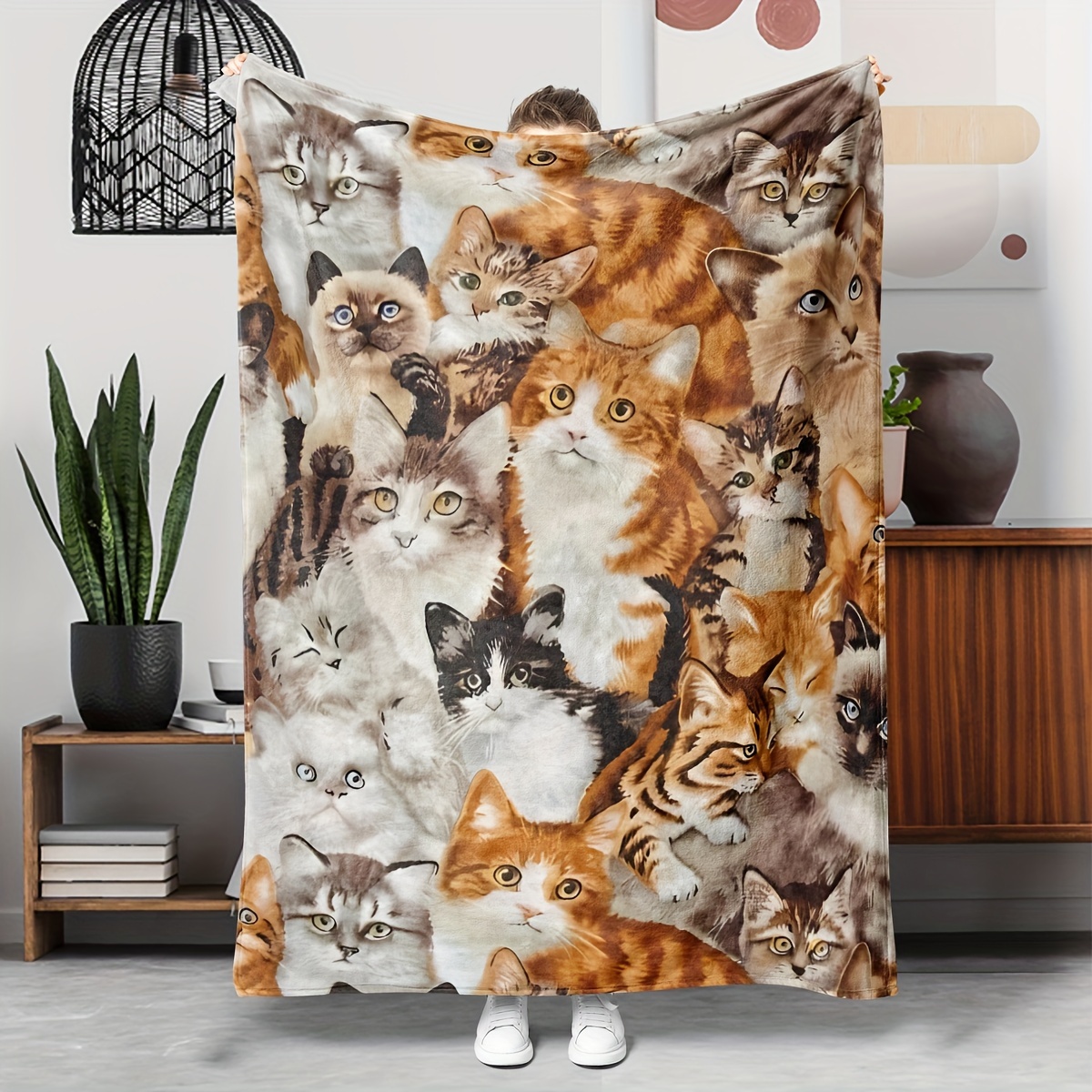 

Cozy 50"x130" Cat Print Fleece Throw Blanket: Perfect For Winter Reading, Travel, Or As A Gift