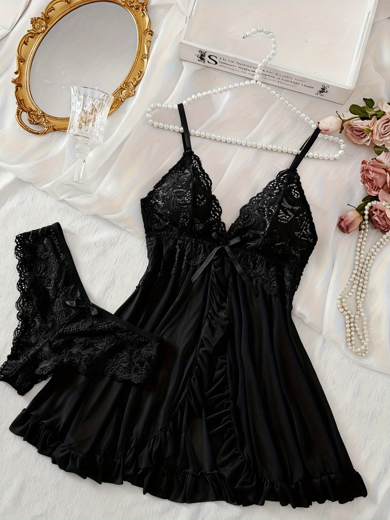 robe cami   col   femme, chemise de nuit en dentelle, robe dintérieur française Détails du produit 10