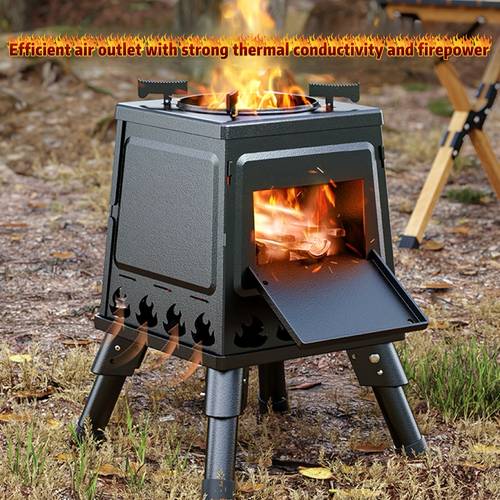 1pc camping wood stove portable iron outdoor camping wood stove black wood stove with outdoor cooking function and storage bag black newest model