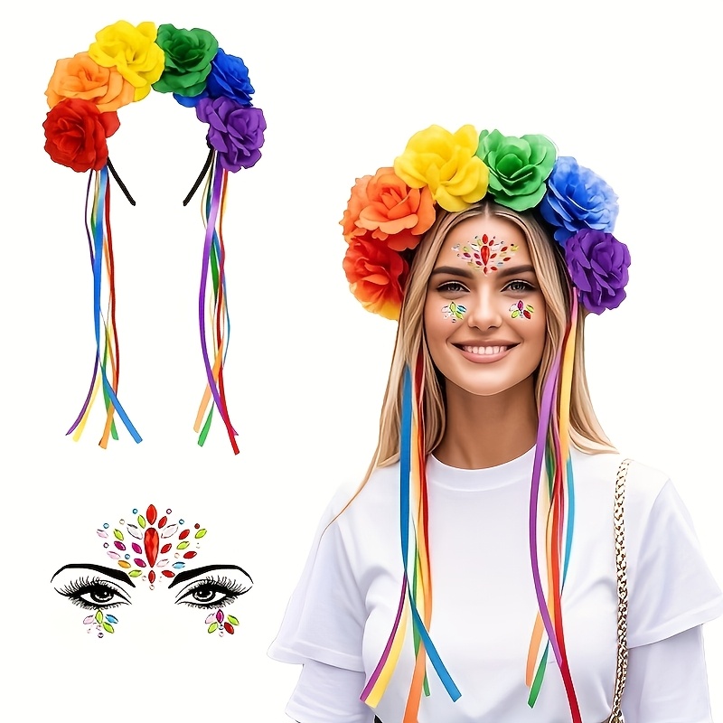 Rainbow Rose Flower Tassel Headband Dress-Up Set