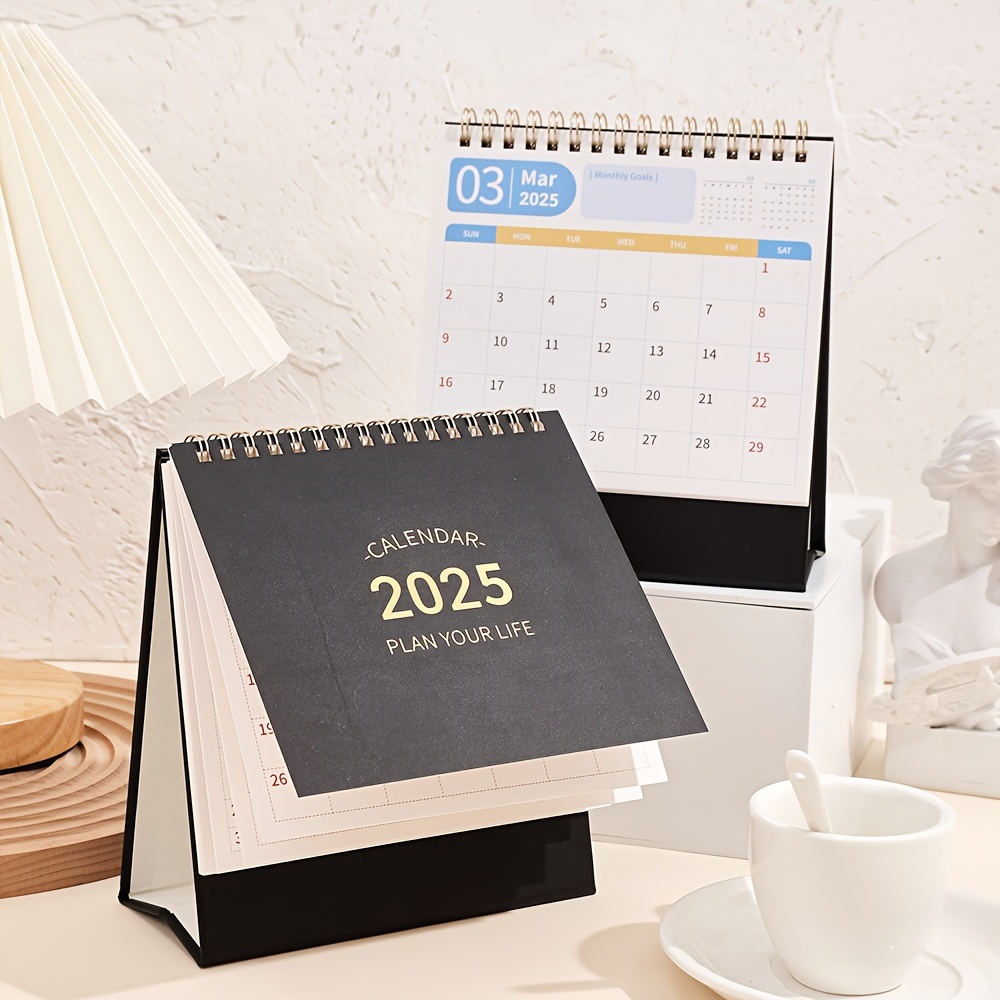 

2025 Black Desk Calendar With Monthly Pages, Coil Flip Stand, Stickers Included - Ideal For Home, School, And Organizing, 6.7 X 5.9 Inches