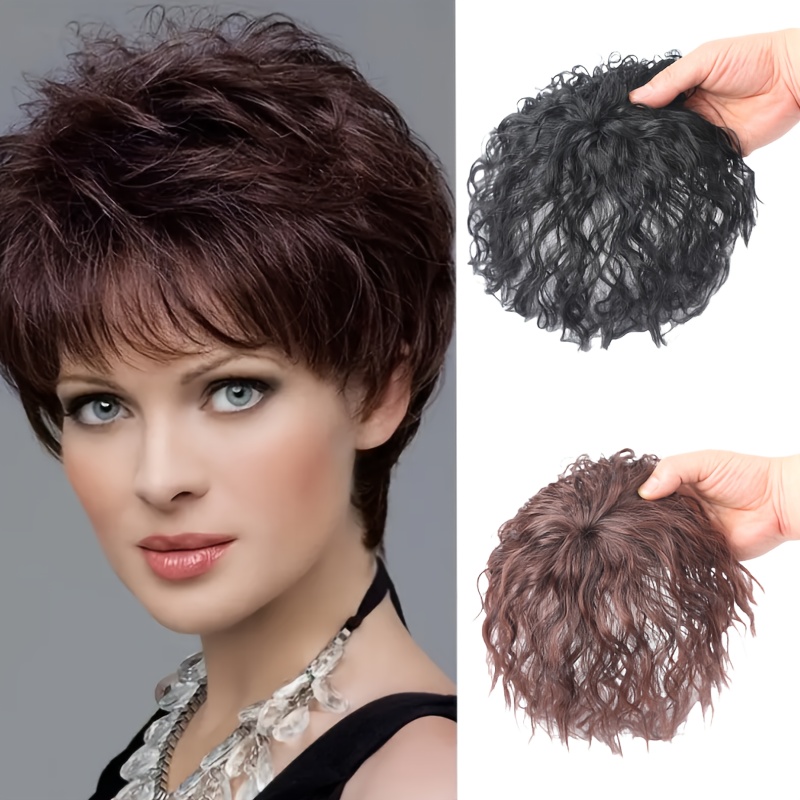 curly wave clip in hair topper for women corn perm style synthetic hairpiece with bangs   loose wave hairpiece for diverse hairstyles elegant brown water   versatile hair accessory stylish hairpiece natural look hairpiece details 0