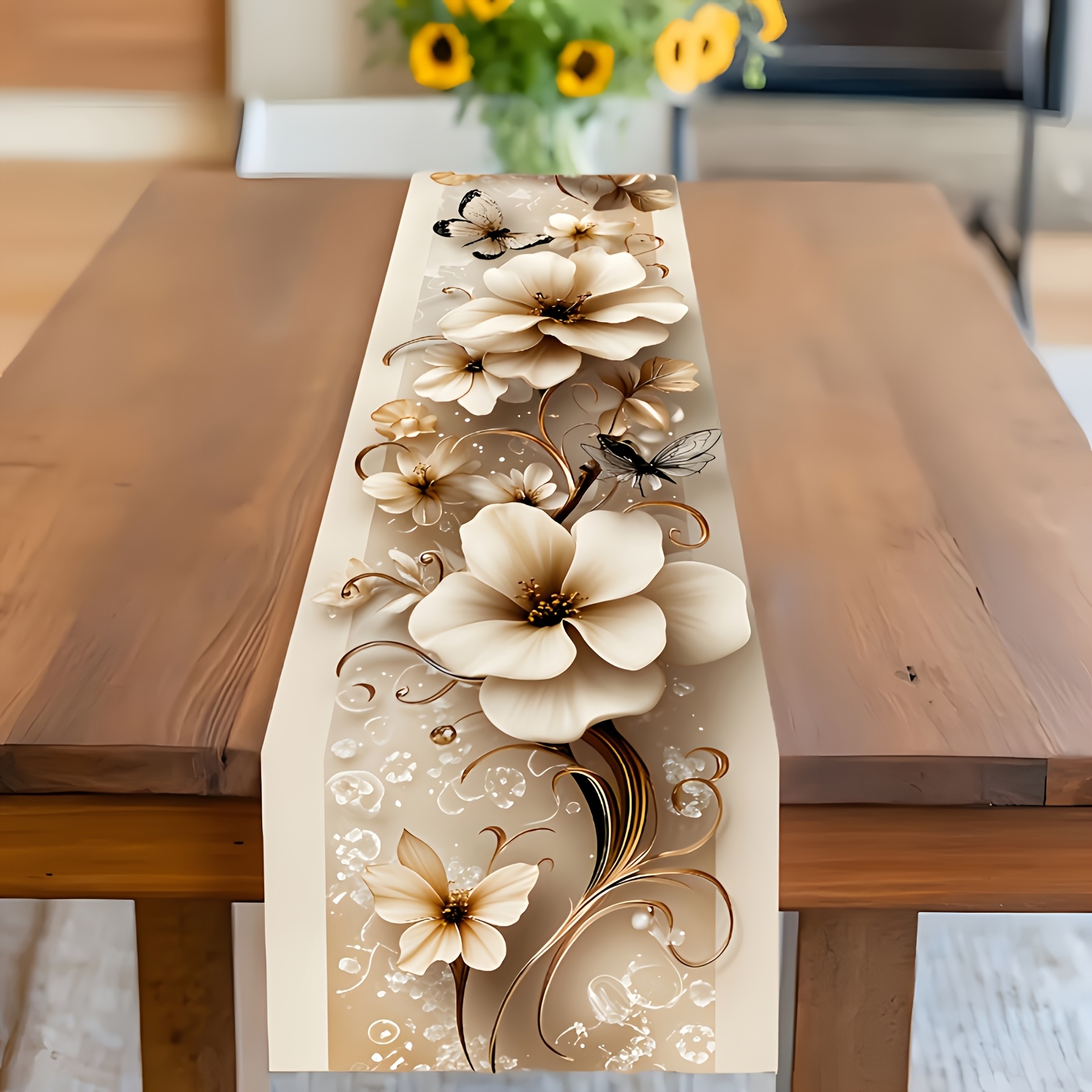 1pc Elegant Table Runner, Beige With Vines, High-quality Decor For Dining Table, Pattern