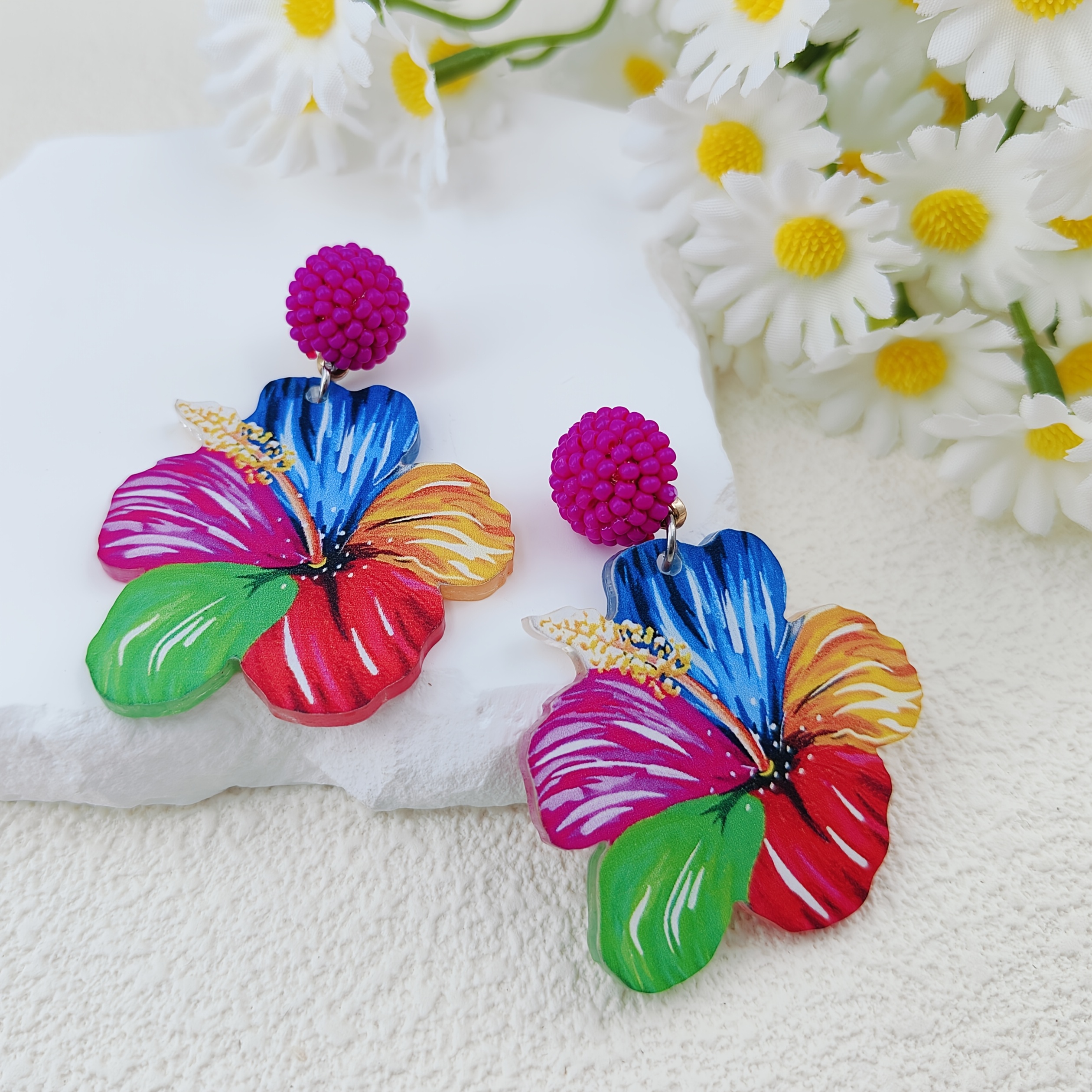 Elegant Multi-Colored Petal Design Resin Flower Earrings