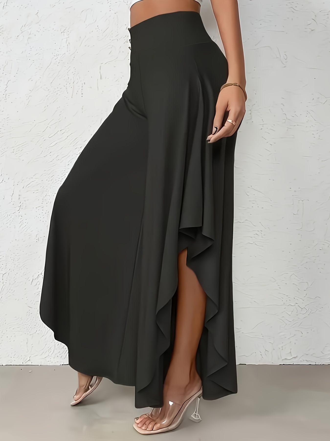 asymmetric hem wide leg pants casual solid high waist ruffle