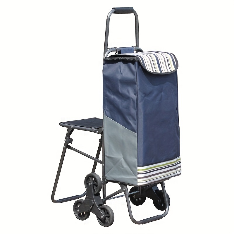 Iron Folding Shopping Cart with Seat and Stair Climbing Wheels, Portable Grocery Trolley with Plastic Wheels, No Electricity Required