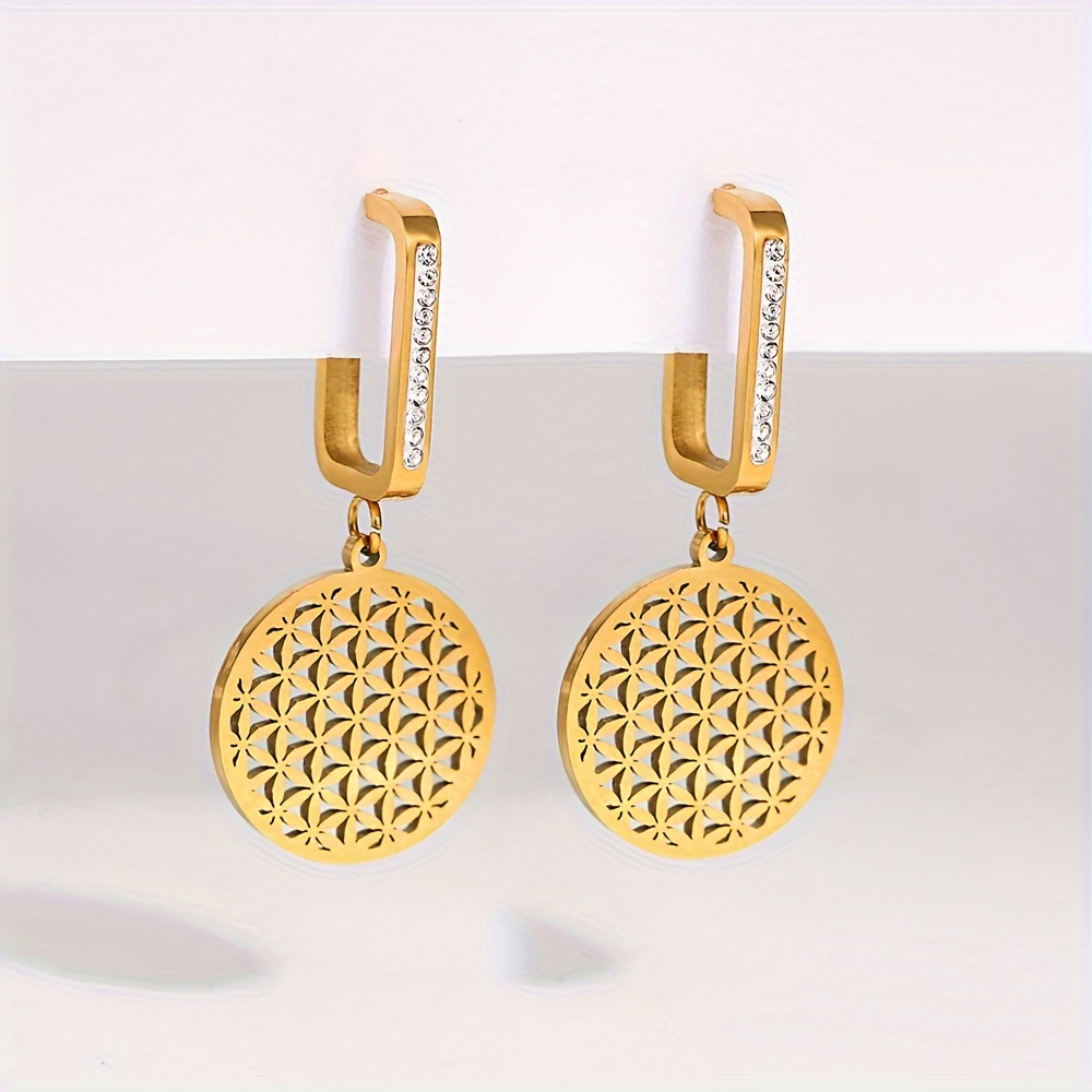 

Flower Of Life Titanium Steel Earrings For Women Golden Inlaid Rhinestones Big Round Dangler Waterproof Jewelry