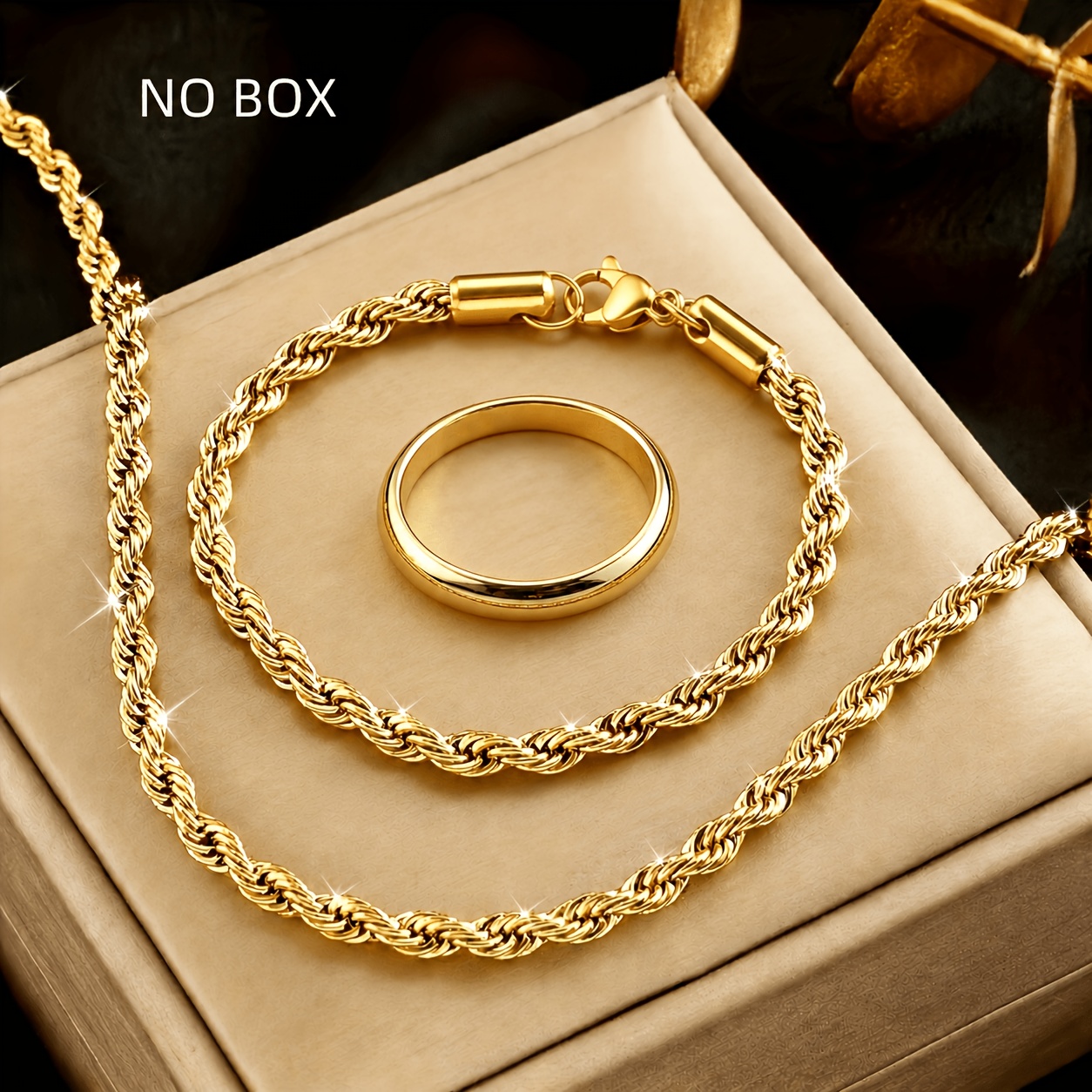TEMU 3pcs Golden Twisted Necklace And Bracelet Set With Plain Band Ring - A New Combination Of High-end, Niche, And Trendsetting Accessories To