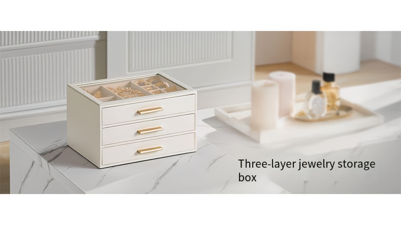 3 tier jewelry organizer box with transparent drawers large capacity multi layer storage for necklaces earrings rings durable fabric metal construction elegant white   for home or retail use jewelry box jewelry box jew Product details 0