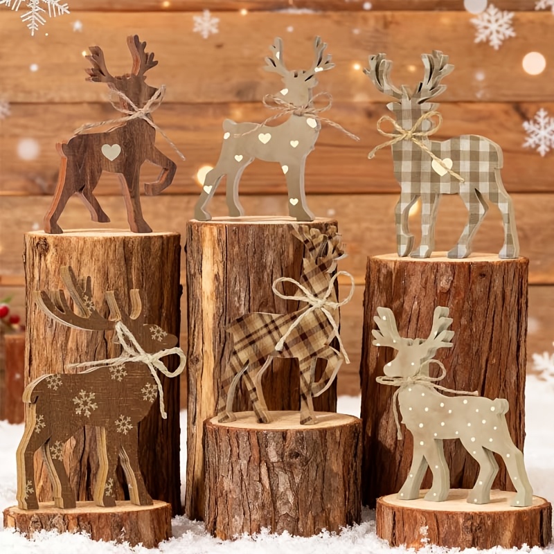 TEMU 6pcs Rustic Farmhouse Deer Statues - Artificial Deer Figures Suitable For Christmas Table Centerpiece, Winter, Fireplace & Party Decoration