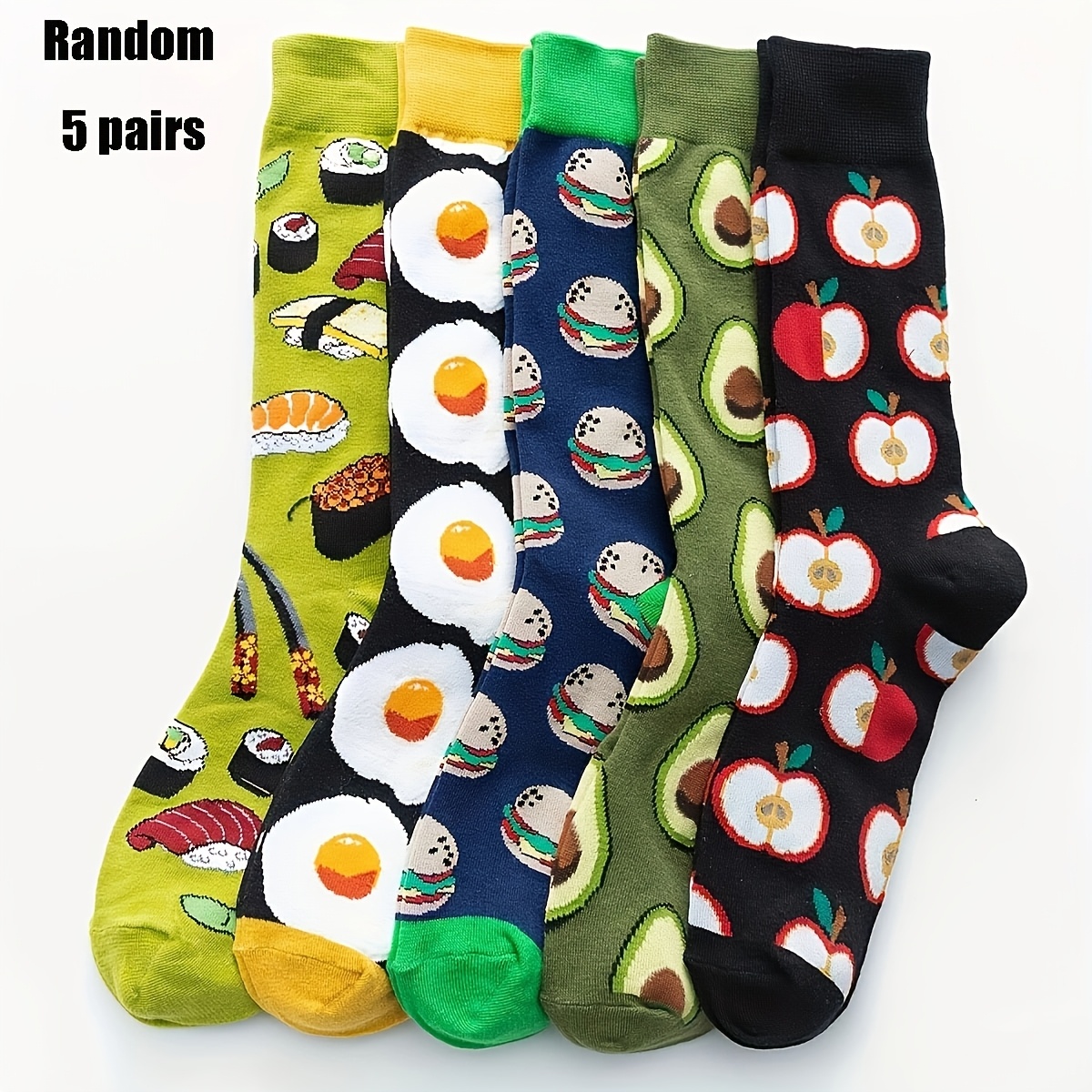 Random 5-pair Women's Mid-calf Socks Featuring Fried Egg And Burger Patterns, Unisex,, Trendy Casual Crew Socks For Casual Attire