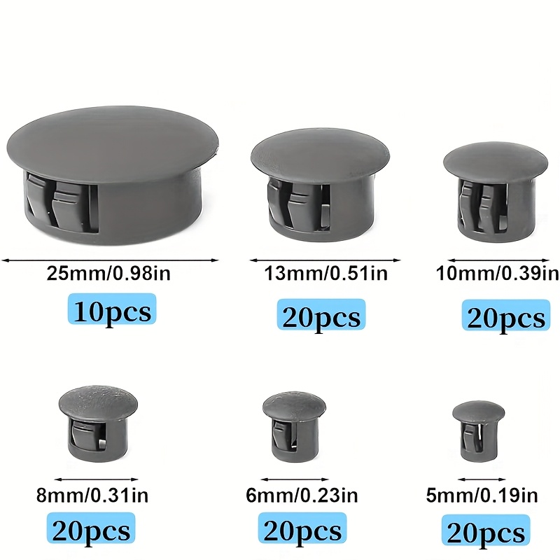 Image of 110pcs (6-size Assortment) Gray Plastic Hole Plugs - Flush-end Locking Caps, Panel & Plugs Compatible For Cabinets, Machines, Furniture (3/16”, 1/4”, 5/16”, 3/8”, 1/2”, 1”)