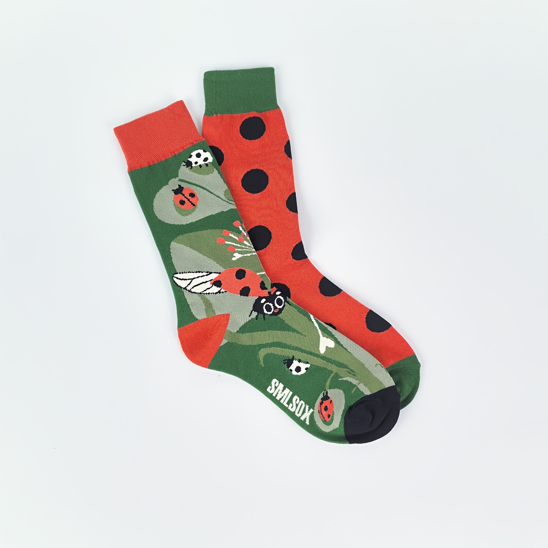 A Pair Of Trendy Ab-style Socks Featuring Ladybug Polka Dots, Comfortable And Unique Mid-calf Socks For Men And Women