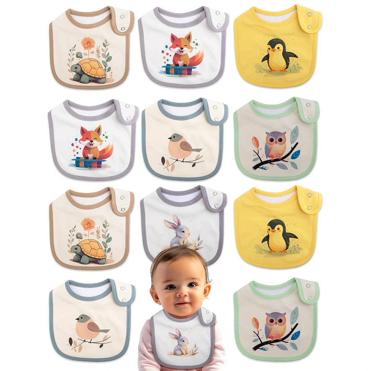 

12pcs Adjustable Waterproof Bibs With Cute Animal Designs - Absorbent, Breathable 4-layer Muslin, Snap Closure, - Ideal For Feeding, Teething, And