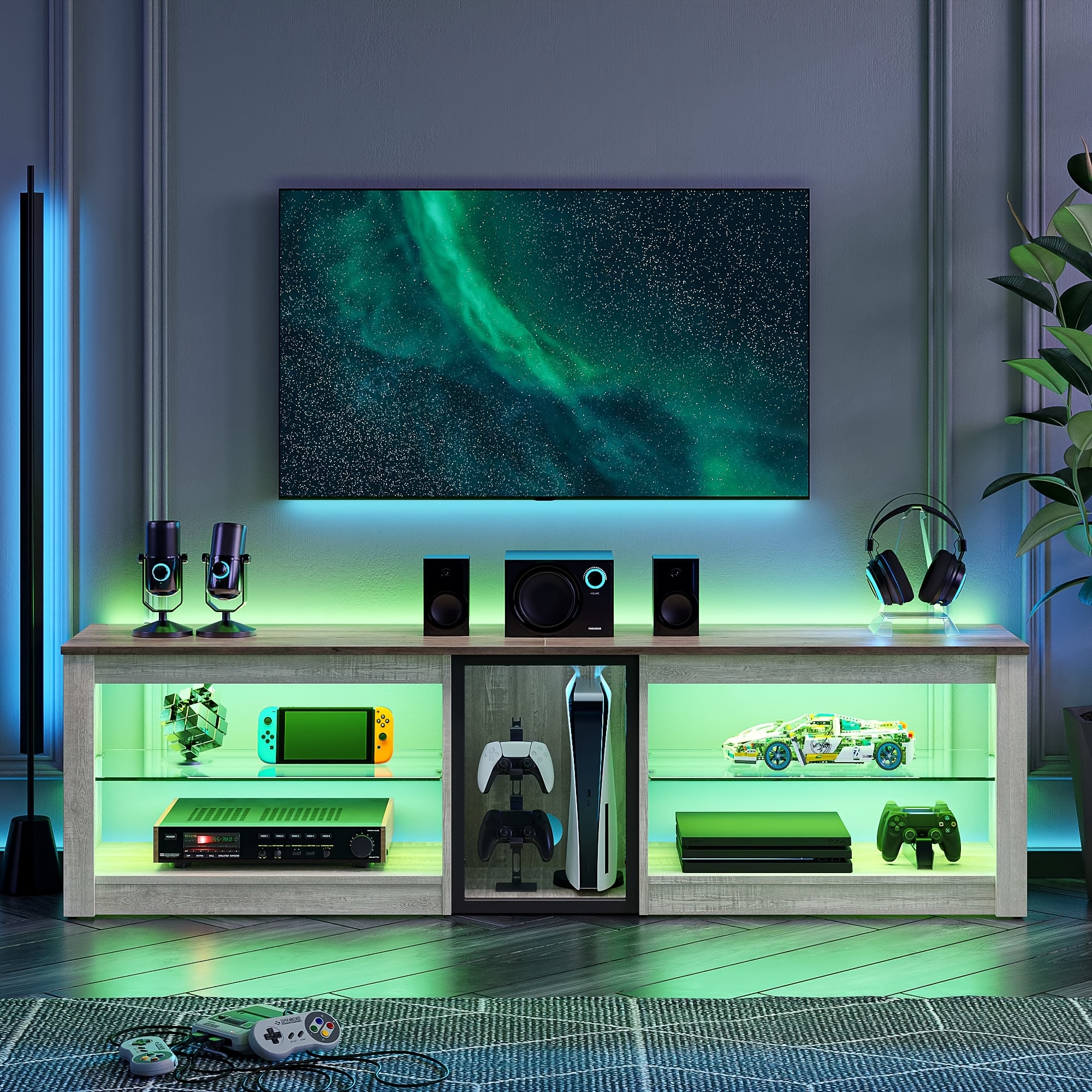 TV Stand for 65 70 75 Inch TV LED Gaming Entertainment Center for PS5 63 Inch Cabinet with Glass Shelves for Living Room Sturdy Easy to Assemble