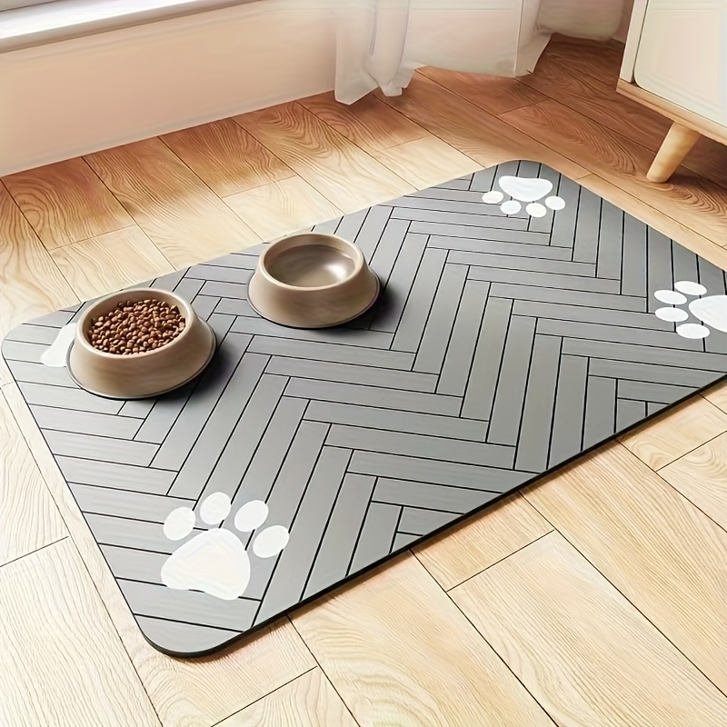 1pc Quick Dry Diatomaceous Earth Pet Feeding Mat - Splash-Proof, Absorbent, Easy to Clean, for Dogs And Cats, Herring Bone Pattern with Paw Print Design, Black, Washable Pet Feeding Mat