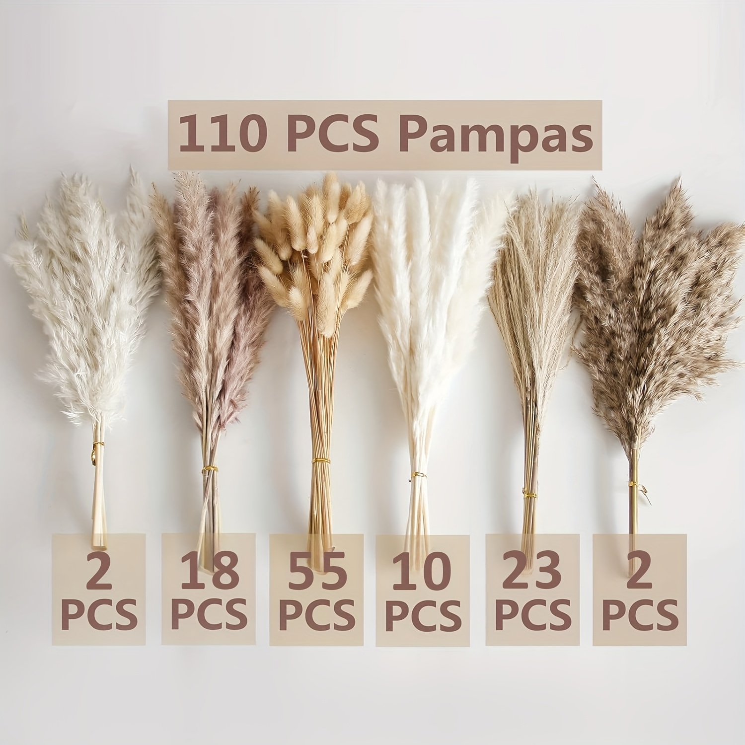 Image of 110p Dried Flower Bouquet - Pampas Grass, Floral Decor For Home, Wedding, And Boho Style | Perfect For Vases, Fall, Spring, Summer, And Winter Arrangements