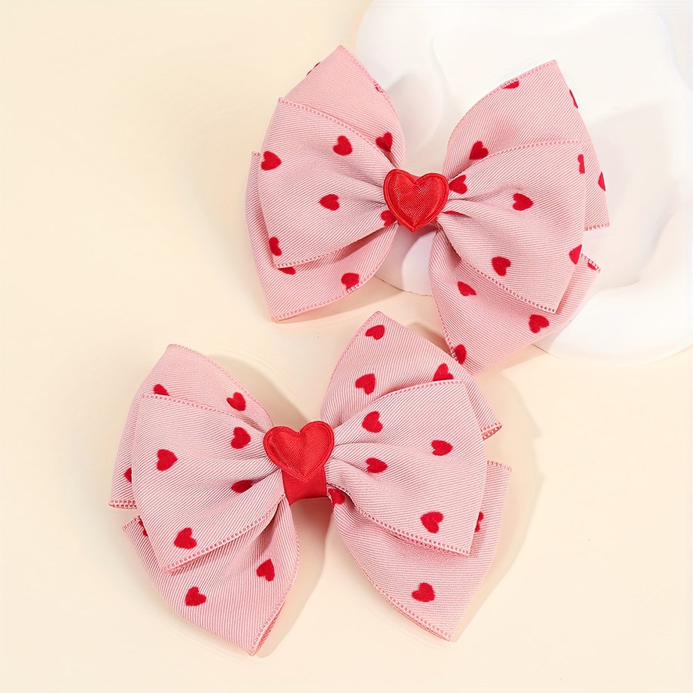 Image of 2pcs Sweet Heart Print Hair Bow Clips For Women, Elegant Double-layer Hearts Bow Hair Barrettes For Gift, Durable Hairpins, Stylish Hair Additions For Daily Life