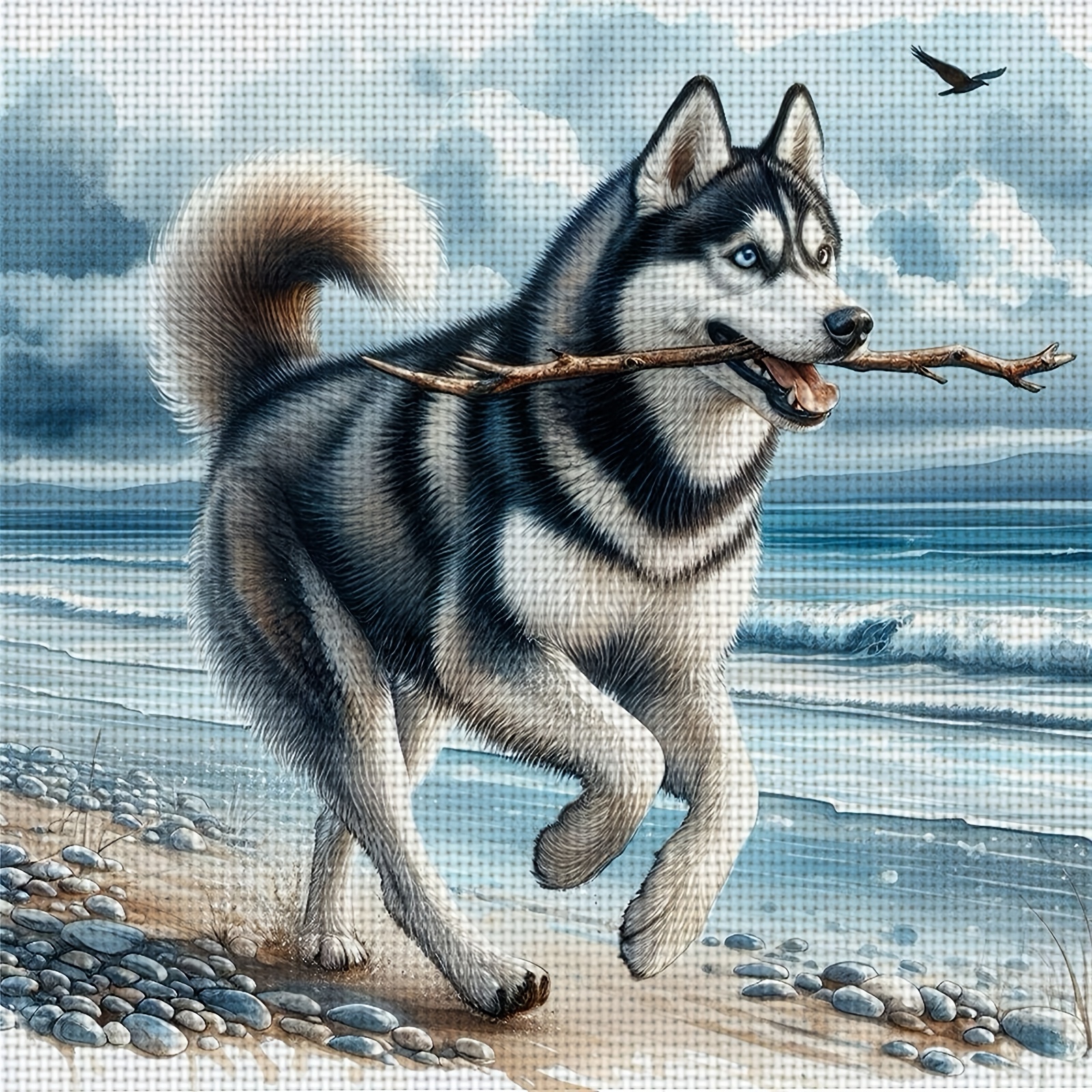 TEMU Un nouveau kit de point de croix imprimé 11CT/14CT intitulé 'Husky avec un bâton au bord de ', idéal pour les débutants adultes souhaitant une
