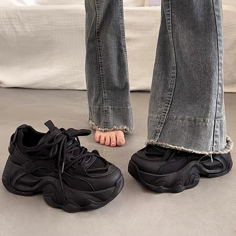 Women's Black Chunky Sneakers Casual Low-Top Lace-Up Shoes with Mesh  Detailing, Comfortable EVA Insole Rubber Sole for Wear