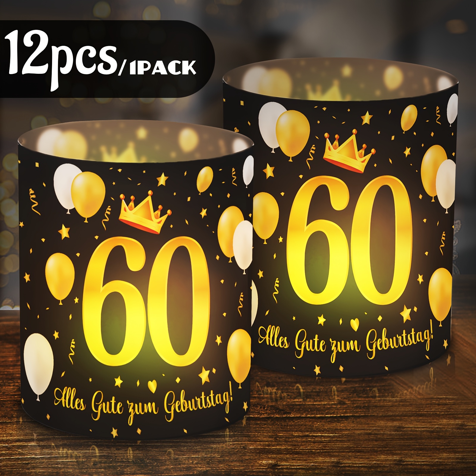 Image of 12pcs Of Table Decoration Lanterns For A 60th Birthday, Featuring With 'alles Gute Zum Geburtstag!' At . Black And Golden Decorations Are Suitable For Tea Lights Or Candle Holders