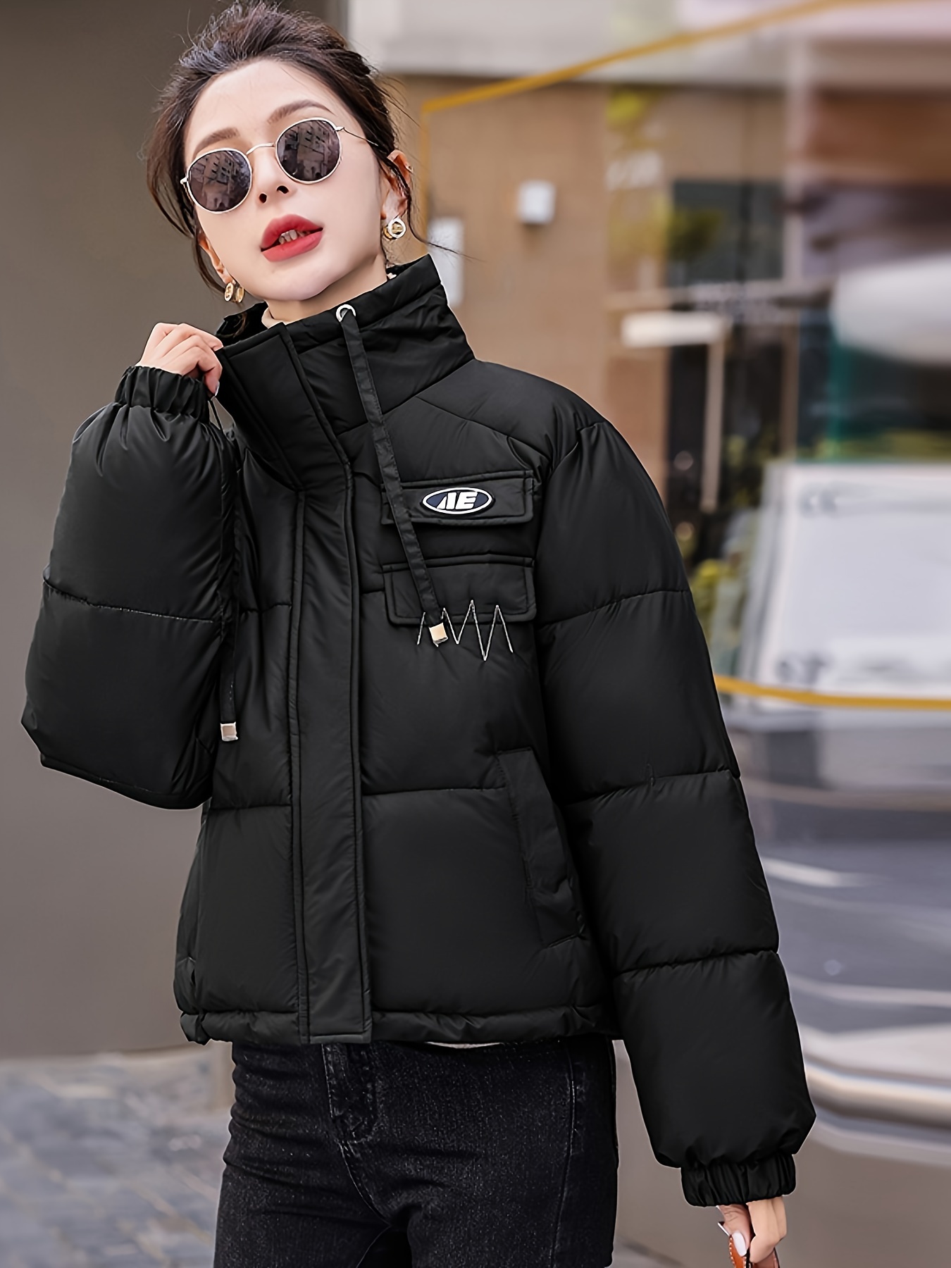 women's short winter puffer jacket thickened polyester olive