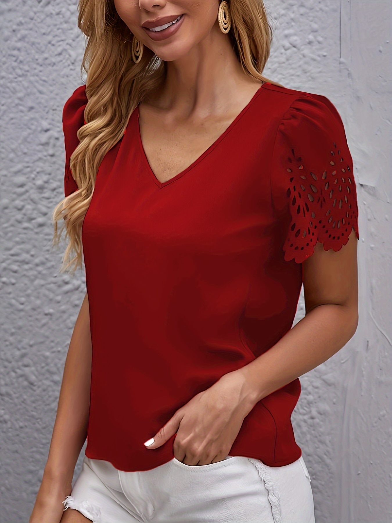 Elegant Casual Short-Sleeve Top for Women with Laser-Cut Scalloped Edges.