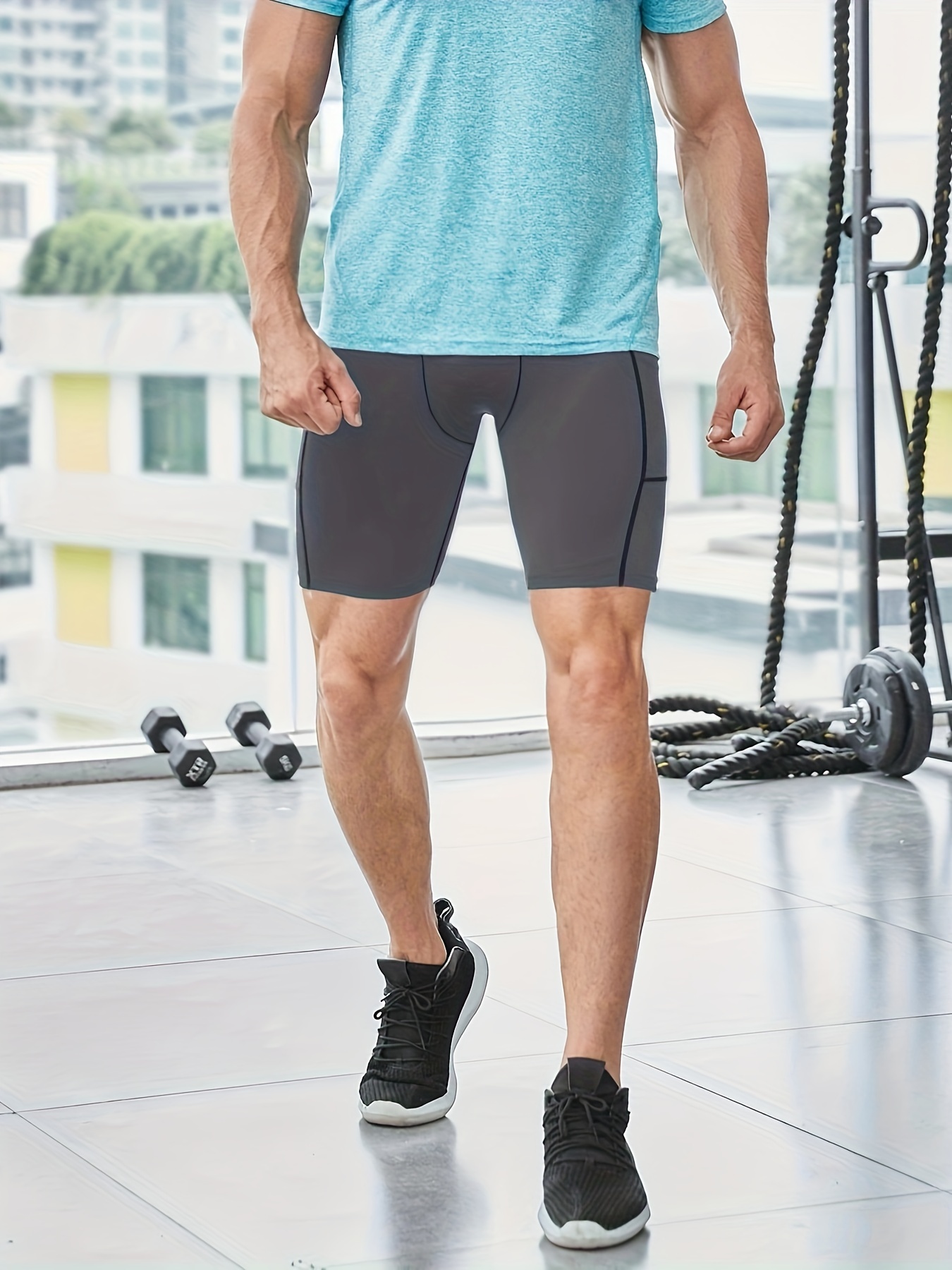 men's high waisted compression shorts phone pocket black Temu