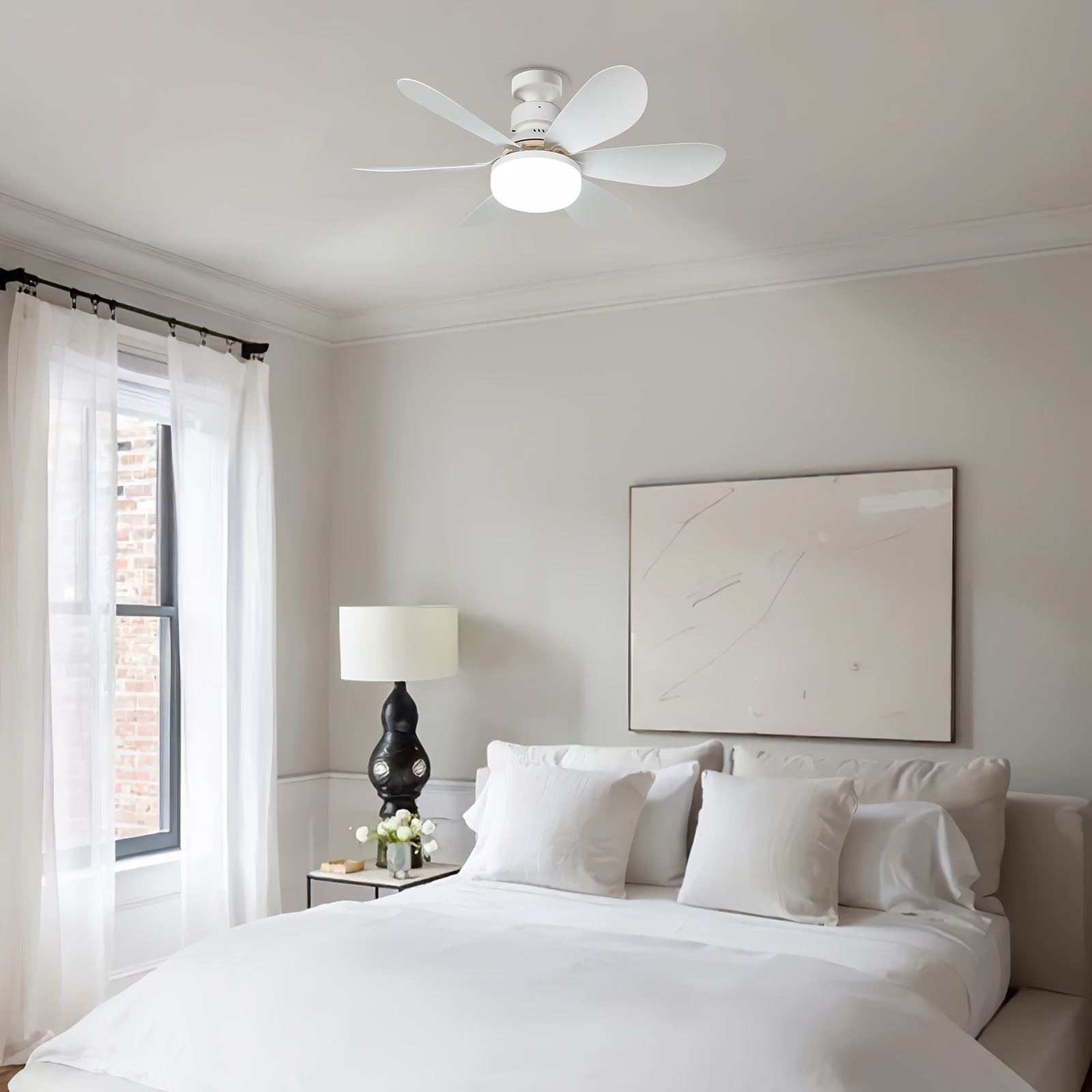 Ventilador de Techo con Luz y Control Remoto, Iluminación LED con Ventilador, 3 Velocidades de Flujo de Aire Silencioso y 3 Temperaturas de Color (3000K-4500K-6500K), Instalación Sin Herramientas + Temporizador, Ventilador de 6 Aspas E26/E27, Ideal para Dormitorio, Sala, Cocina, Garaje, Tiendas y