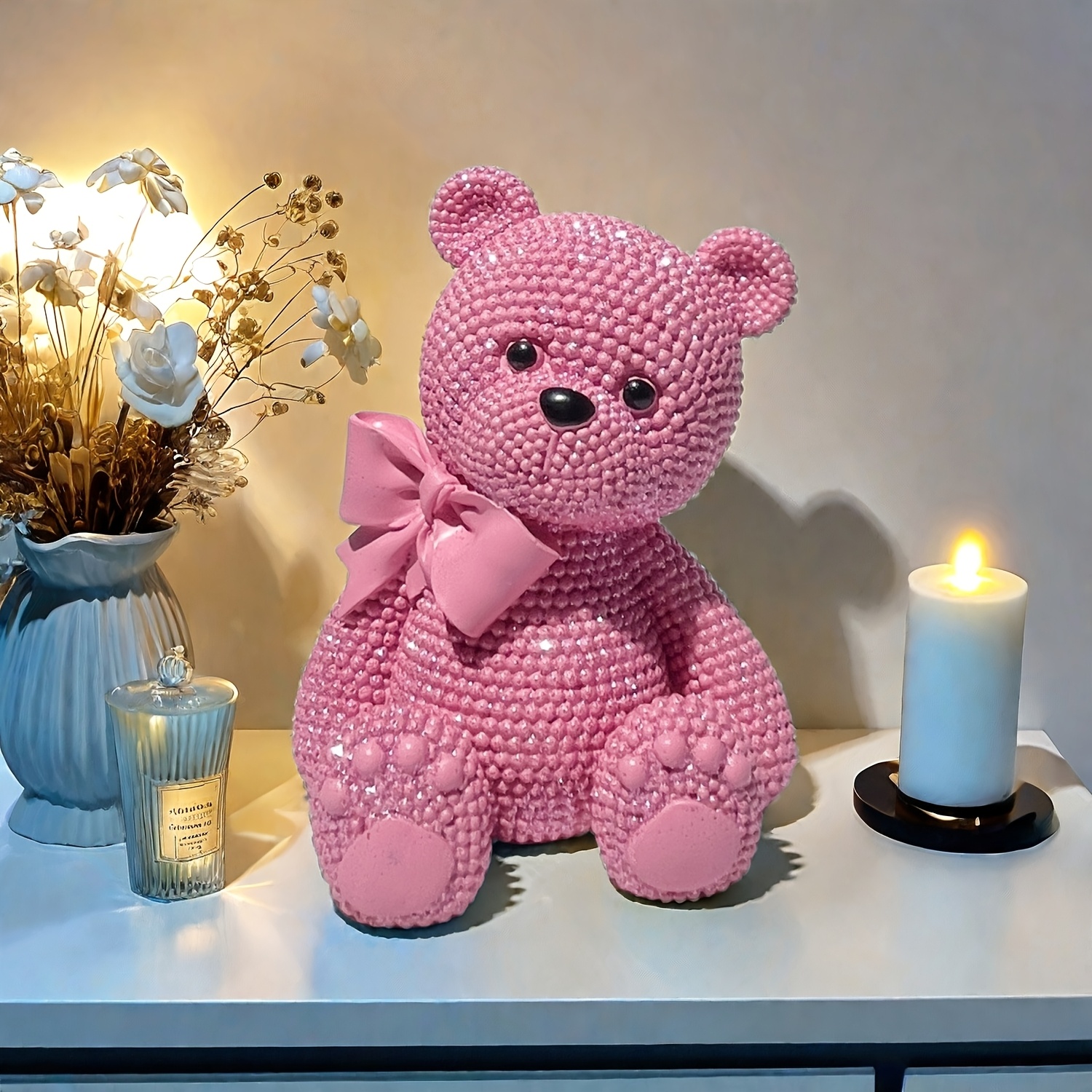 

1pc Bear Figurine - Resin Love-themed Teddy With Pearlized , Ideal For Valentine's Day, Christmas, New Year Decor | Perfect Gift For Display Cabinets, Bedroom & Room Accents