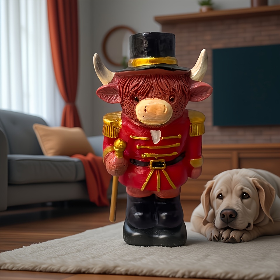 TEMU 1pc Highland Cow Nutcracker Statue - Resin Scottish Sculpture With Nutcracker, Suitable For Christmas, Farmhouse Tabletop Decor, Mantelpiece And