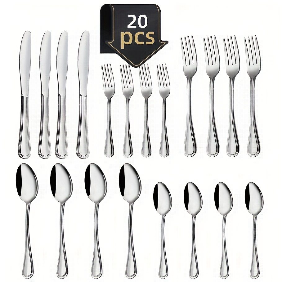 

20pcs Stainless Steel Flatware Set - Mirror Finished Cutlery With Striped Handles, Includes Knives, Forks, Spoons For Home & Restaurant Use, Dishwasher Safe, Ideal For Halloween & Christmas