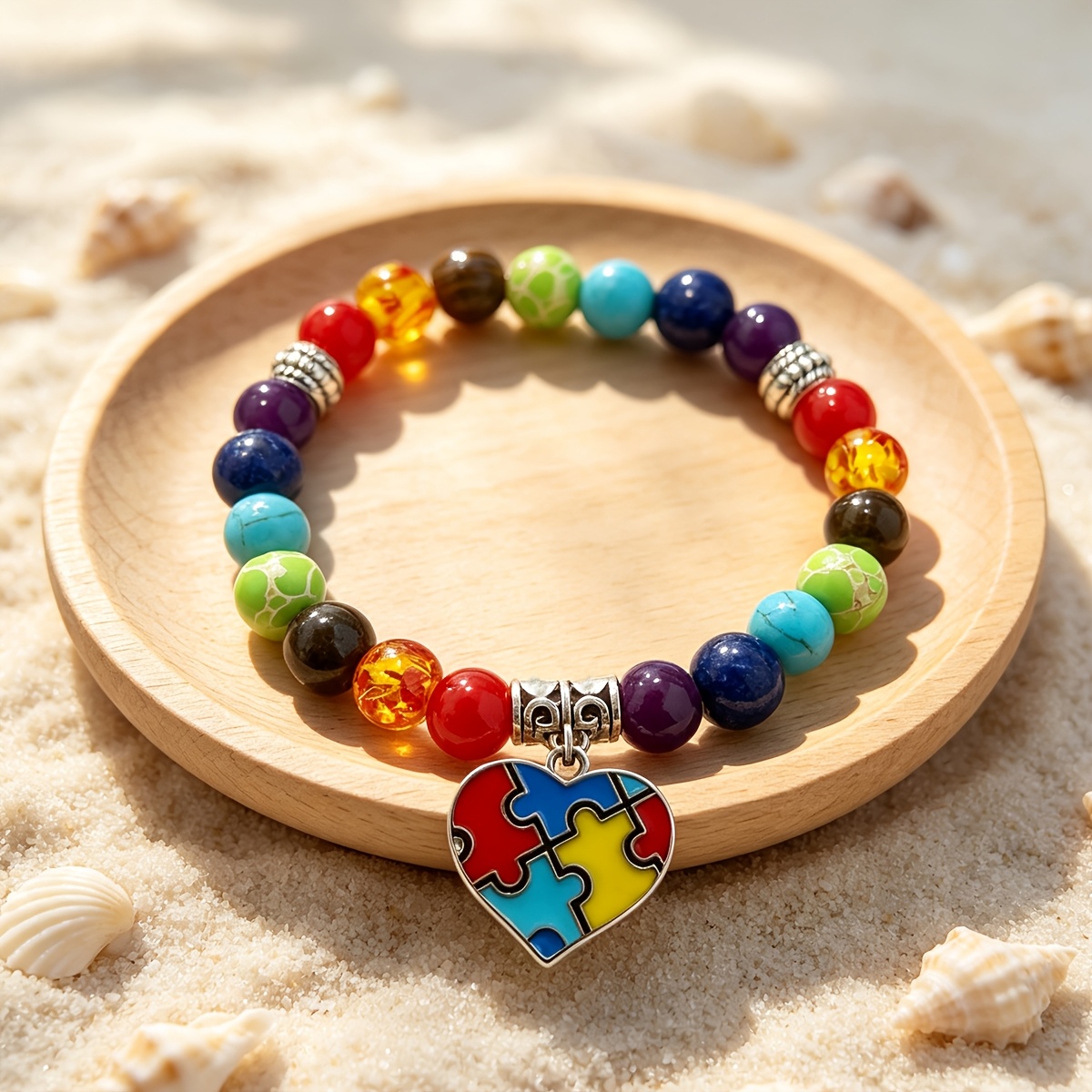 TEMU 1pc Retro Chakra Colored Natural Stone Bead Bracelet, Tiger Eye Stone Puzzle Love Heart Pendant Bracelet, Charity Commemorative Accessory