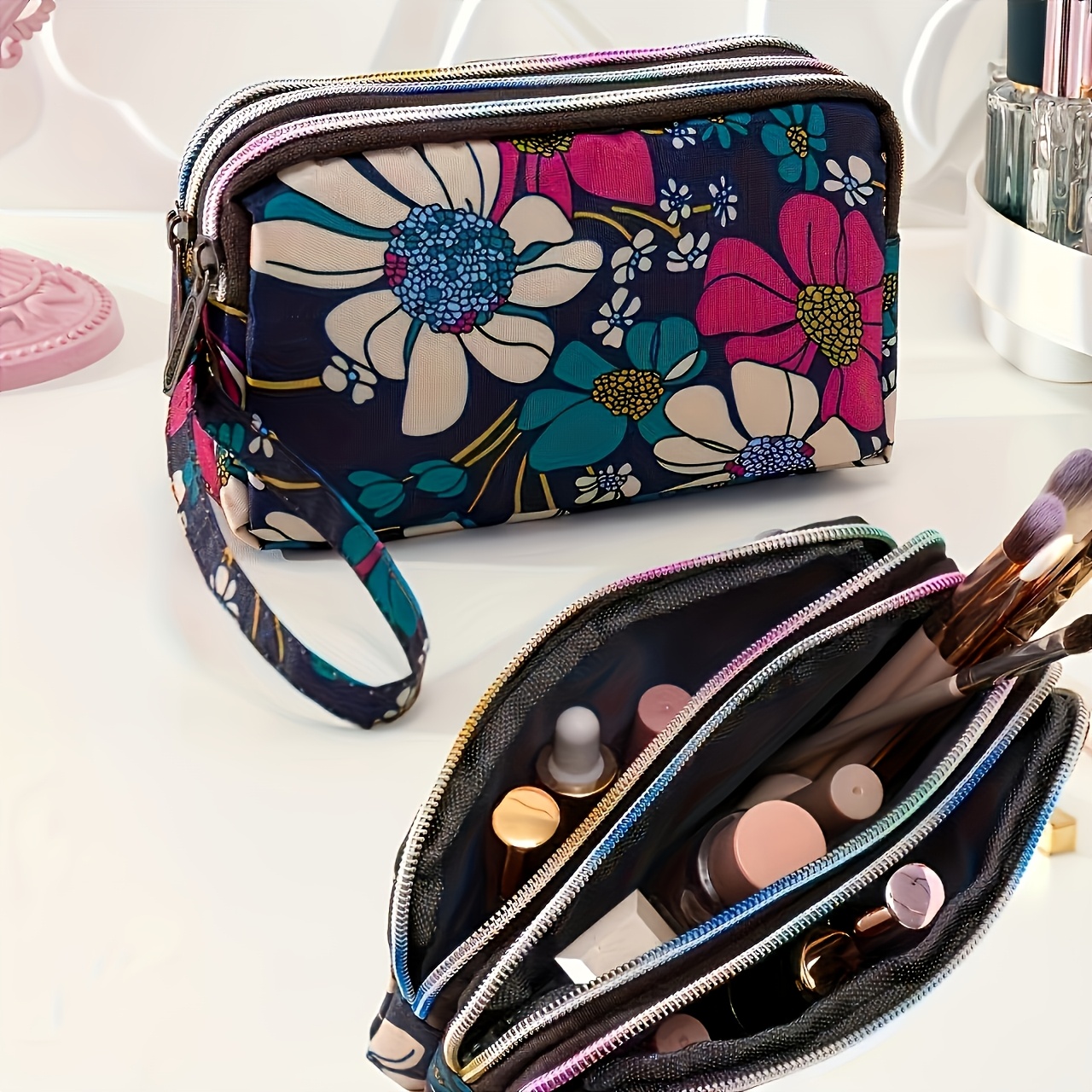 

1pc Floral Print Pouch - Large Capacity Fabric Cosmetic Bag For Travel And Organization - Ideal Day Gift