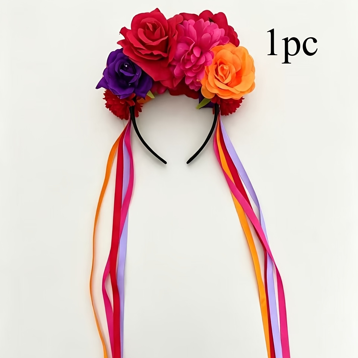 TEMU 1pc Ladies' Flower Headband, Carnival Flower Crown With Tassels, Red Orange Purple , Halloween Role Playing De Mayo Party Costume Hair