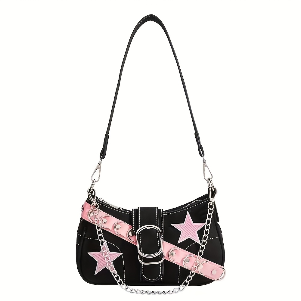 E-shop 1 Stück - Schultertasche, Damenhandtasche, Sternentasche, Punk-Kettenriemen, Geldbörse, Wander-Tasche, Schwarz-Rot Farbkombination