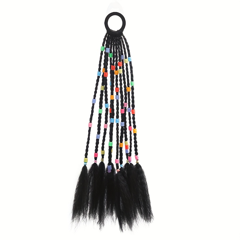 TEMU 12inch Realistic Short Braided Ponytail Hair Extension With Colorful Beads, Soft Synthetic Clip-on Braid Hairpiece For Women, Natural Look &