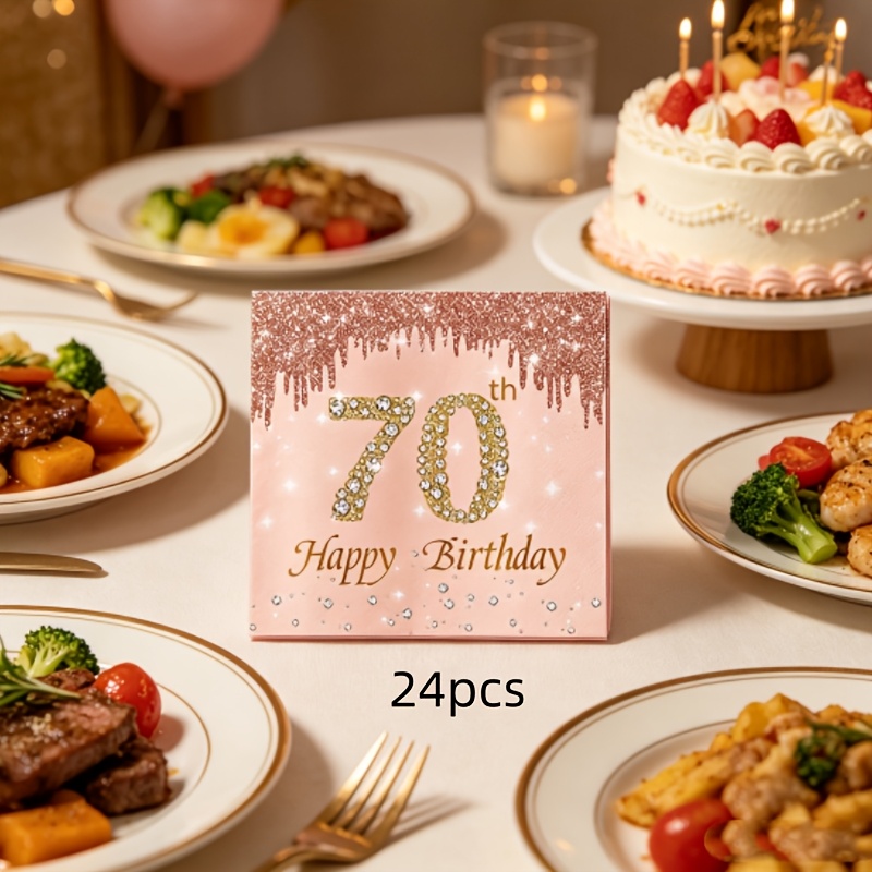 TEMU 24pcs Pack 70th Birthday Napkins Suitable For Women's 70th Birthday Party Decorations, Rose Golden Paper Napkins With Elegant Rose Golden Theme