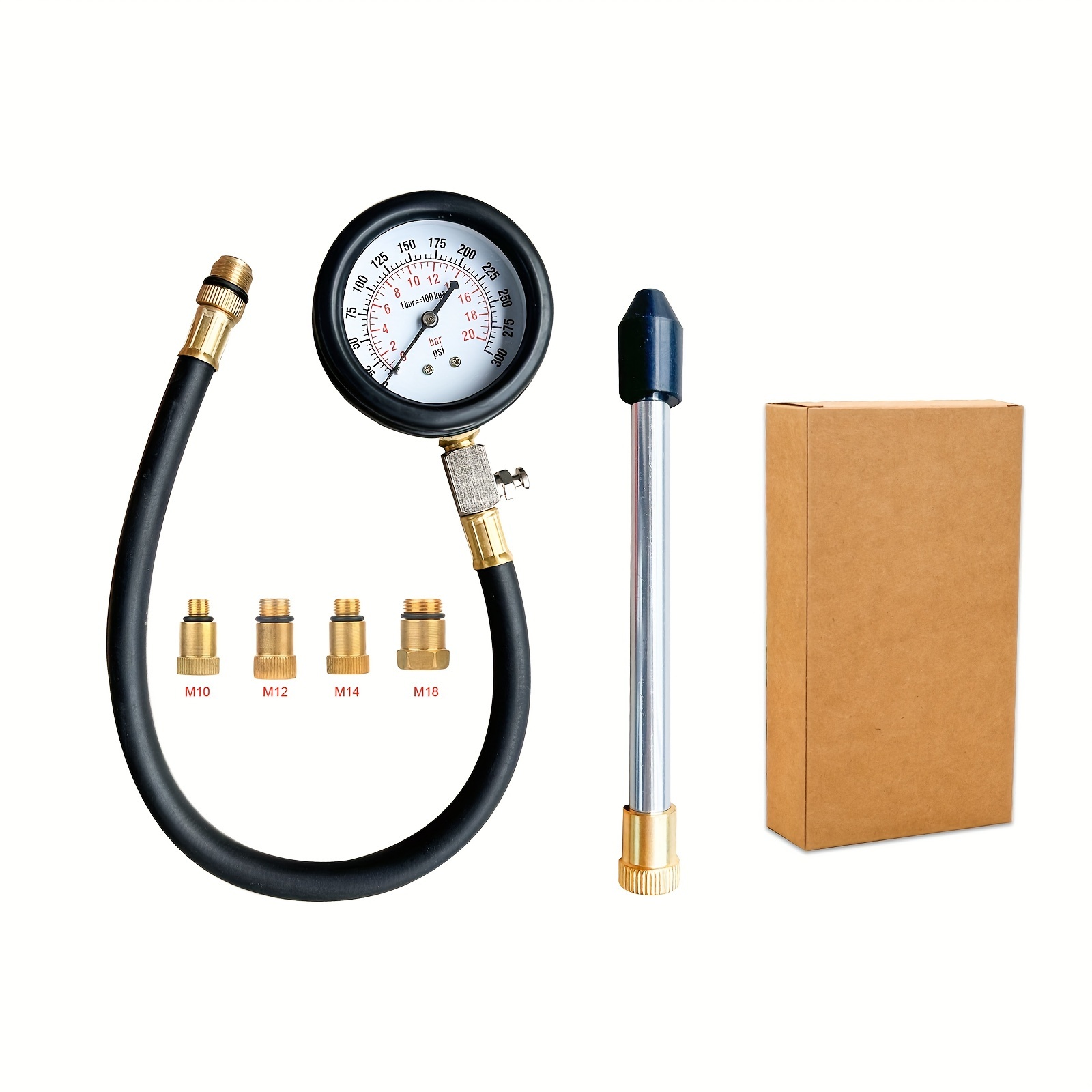 TEMU Kit de de Cylindre Automobile 0-300 PSI Manomètre Compresseur Moteur Essence Outil de Diagnostic pour Voiture, Moto, Camion