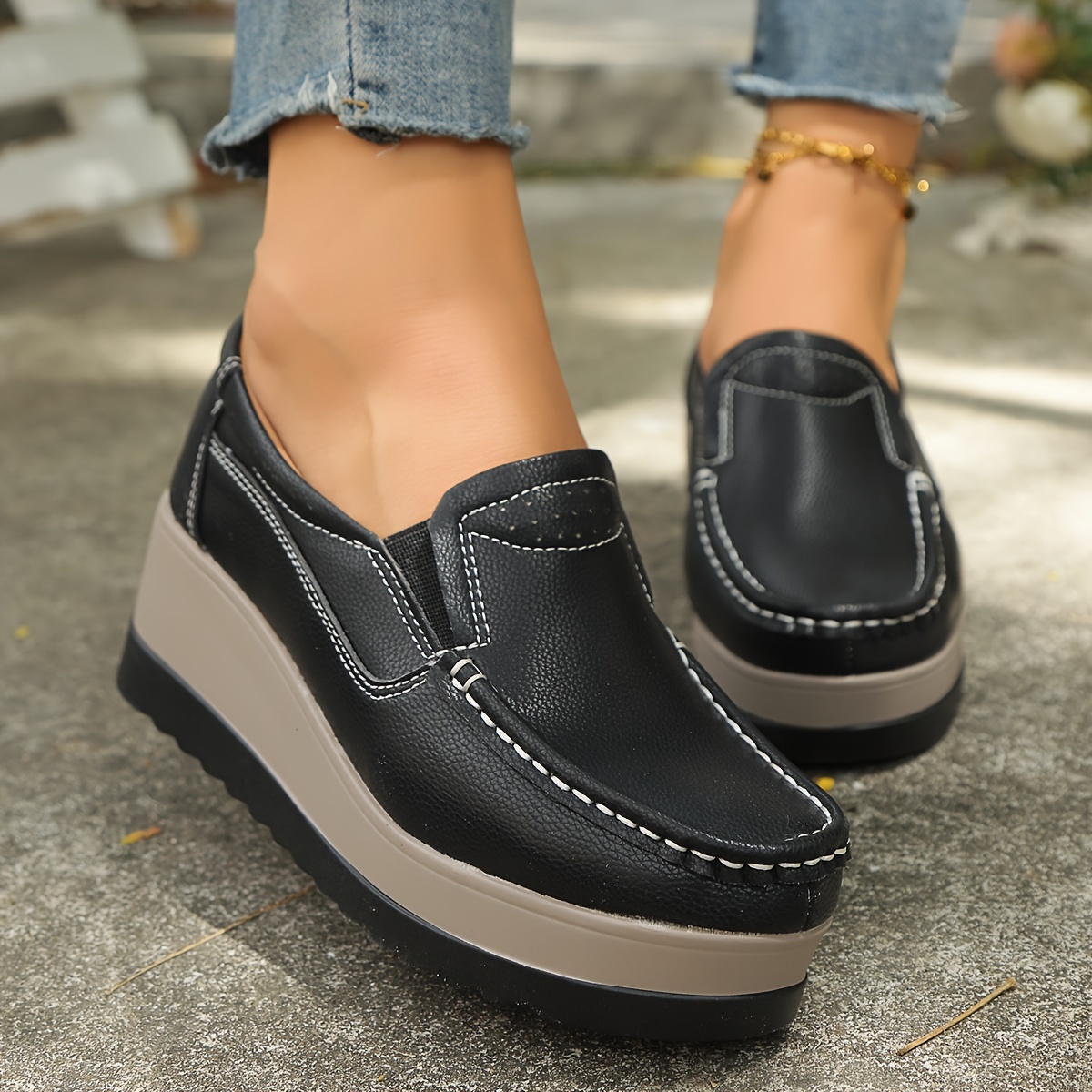 comfortable and elegant slip on womens wedge loafers featuring soft black thick soles for height increase and slip   suitable for casual wear in   with detailed stitching black cn34 eu34 34 5 9