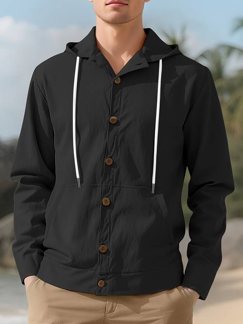 1pc Men S Lightweight Breathable Hooded Shirt - Soft Woven Fabric, 95% Linen 5% Polyester, Regular Fit Casual Golf & Outdoor Sports Shirt with Button Front, Solid Color for Spring/Fall, Indoor & Vacation Wear, Golf Shirt, Attire, Classic Collar Design, Durable Casualwear