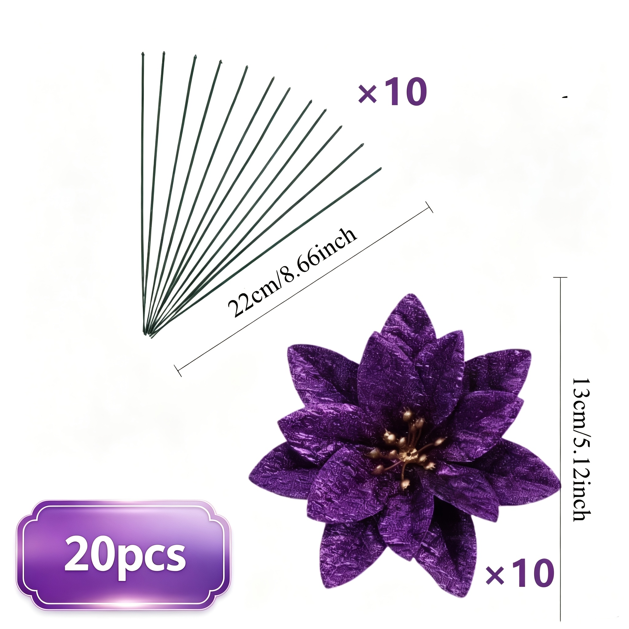 TEMU 20pcs (ten Flowers + Ten Stems) Artificial Purple Charm Simulated Christmas Flowers, Suitable For Wreaths, Garlands, Tree Decorations, Mantels,