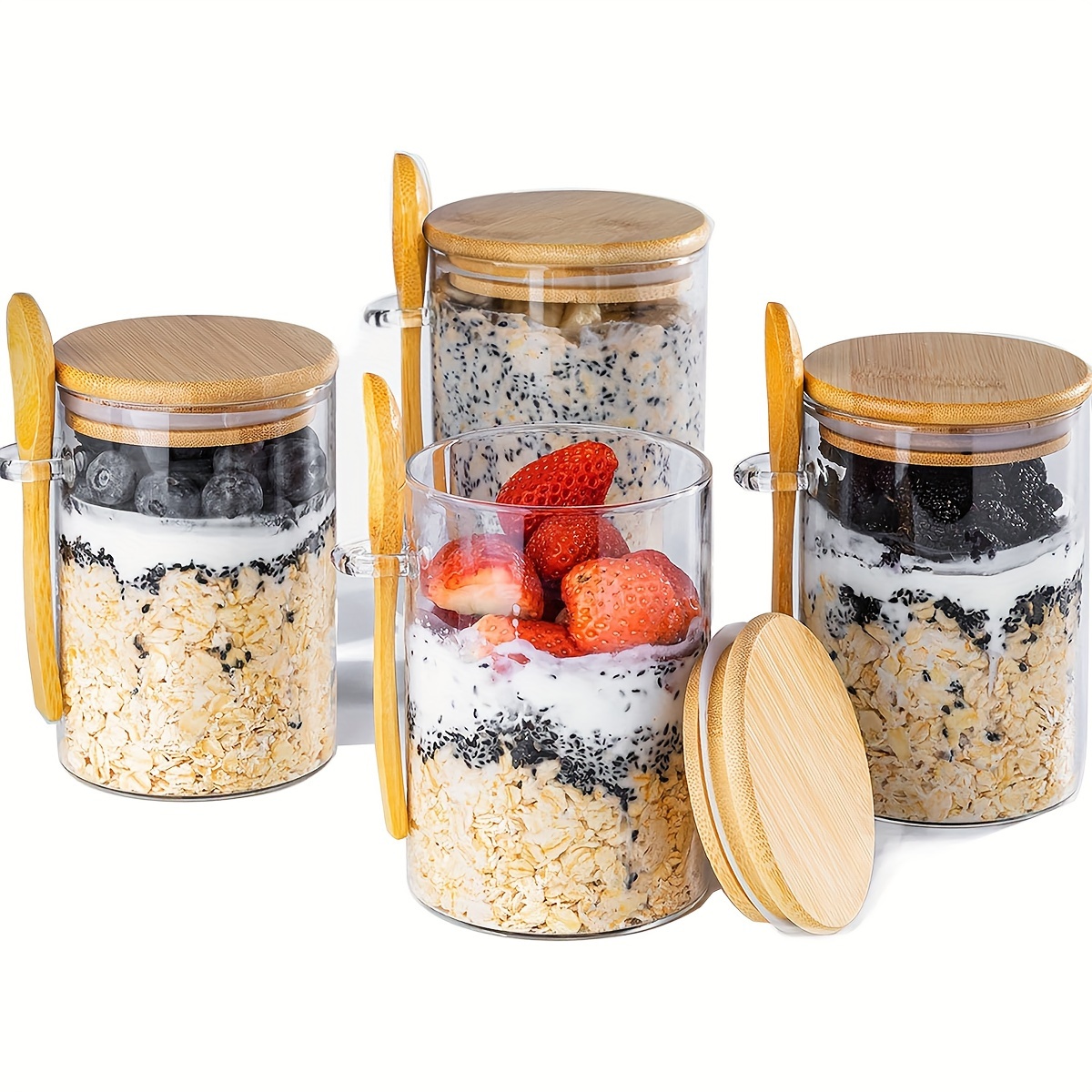 

4pcs, Glass Jar, 16oz, Condiment Jar, Oatmeal Cups, Salad Cups, Oatmeal Jar, Meal Preparation Container With Lid And Spoon, Glass Jar For Chia Seeds, Pudding, Yogurt, Salads, Cereal, Kitchen Stuff